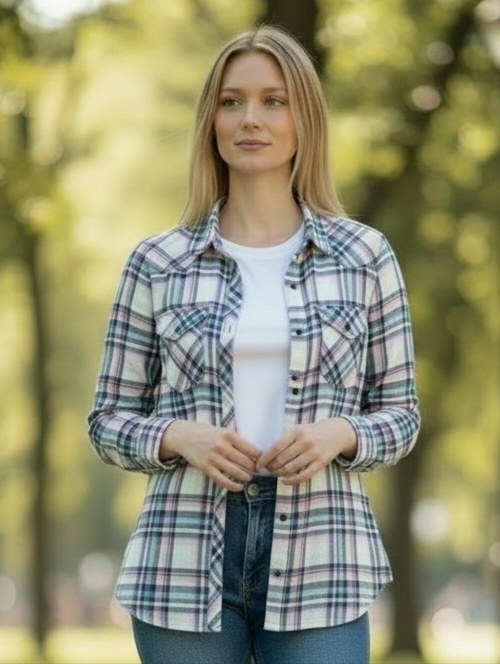 Tin Haul Womens Plaid Button-Down Shirt - Pink, Blue & White